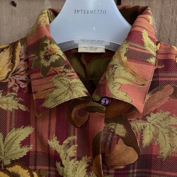 JAEGER Vintage Grate Britain 💯 Wool Brown Checked Floral Shirt Blouse Button Up - Picture 3 of 14